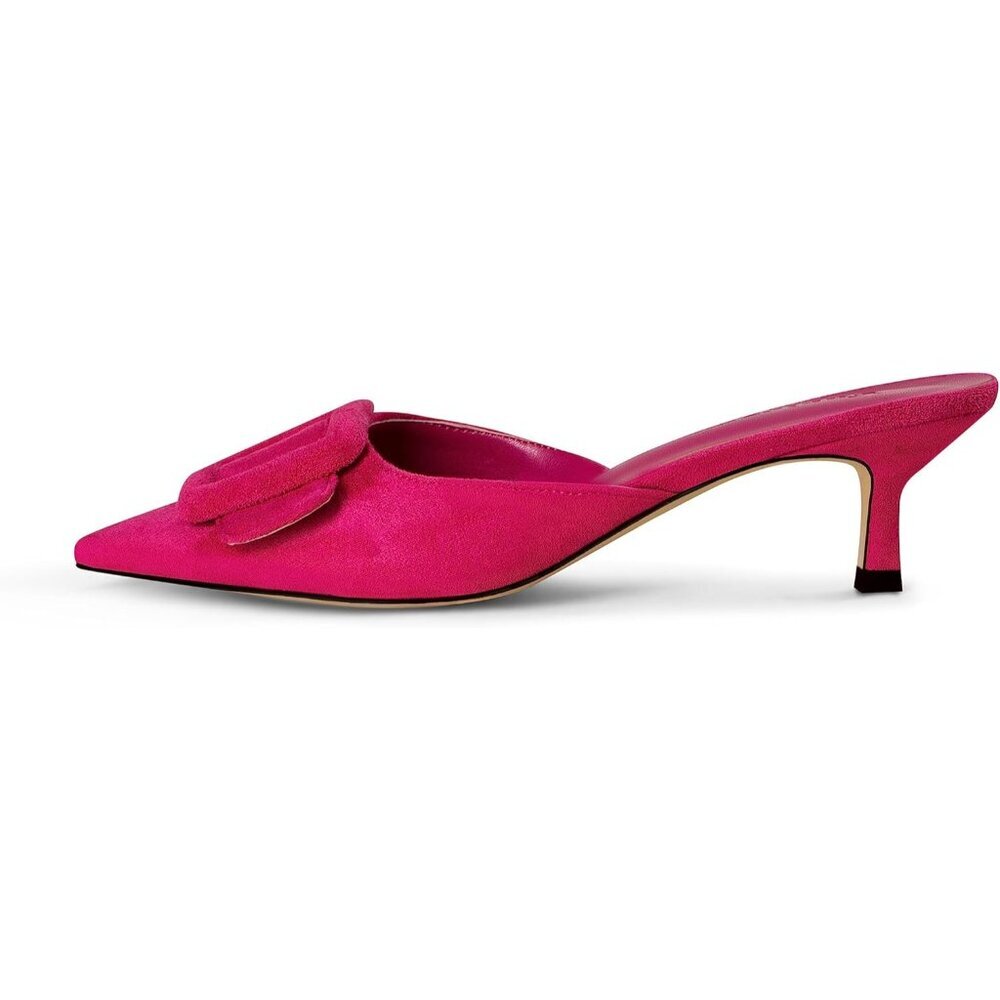 Women's Hot Pink Mule Slingback Buckle Pumps Pointed Toe Kitten Heels Shoe - Picture 2 of 5